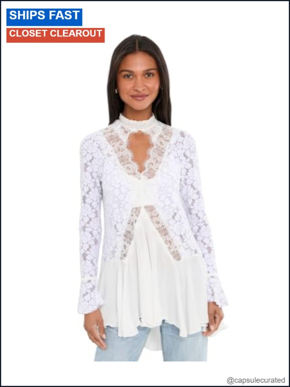 Lace Tunic Top with Mock Neck, Long Sleeves and High-Low Hem